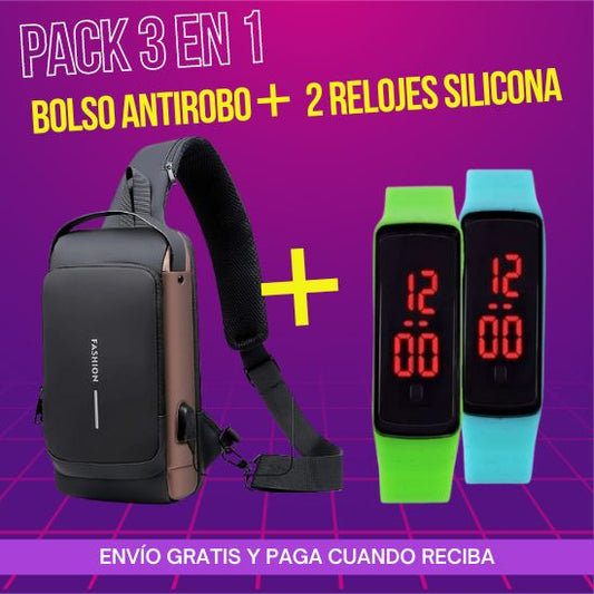 Bolso Antirobo Multifuncional  + 2 Relojes Silicona